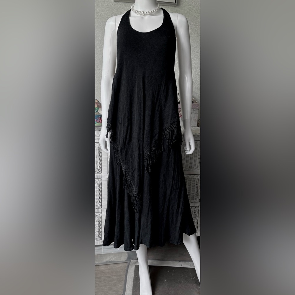 Lagenlook Midi Tank Dress with Crochet Fringe Details in Black Size M